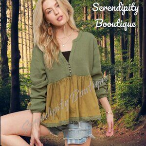Boho Flare Ruffle Lace Swing Baggy Slouchy Long Sleeve Army Green Stretchy Top